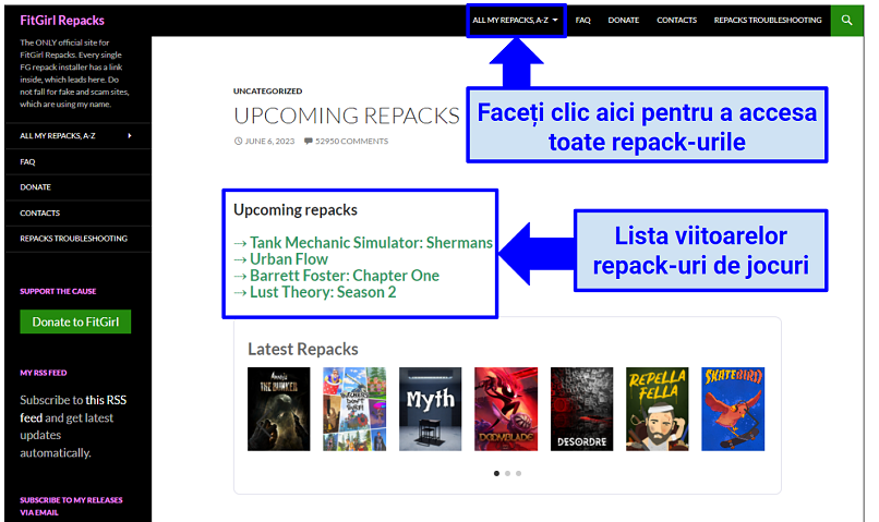 Screenshot showing FitGirl Repacks website displaying upcoming repacks