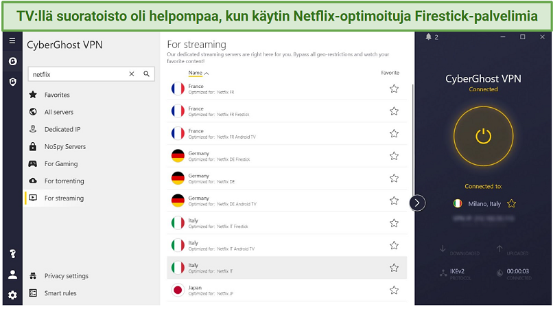 Screenshot of CyberGhost Windows app highlighting the Netflix-optimized servers