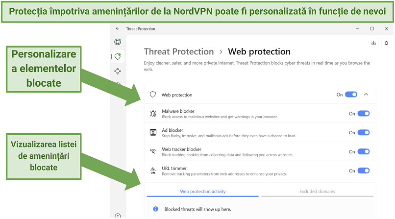 Screenshot of the NordVPN app showing its Threat Protection feature and its customization options
