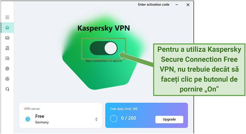 Screenshot showing Kaspersky Secure Connection Free User Interface