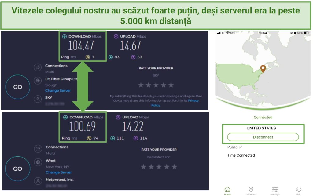 Screenshot of IPVanish's speed tests on long-distance servers in New York