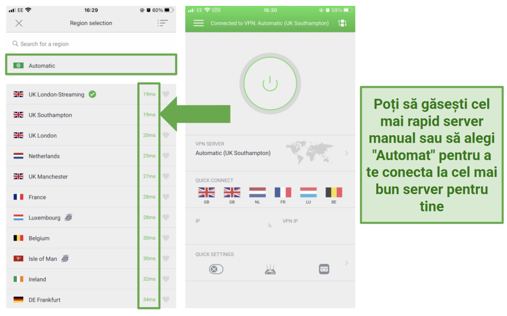 Screenshot of PIA's iOS app showing the latency of each server