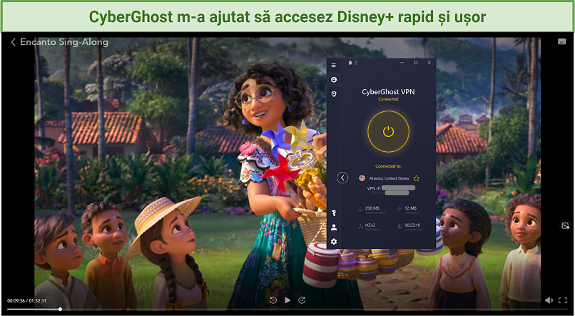 O captură de ecran cu Disney+ accesat prin CyberGhost și redând filmul Encanto Sing-Along.