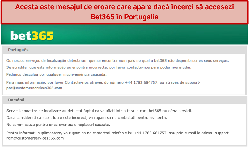 A screenshot of bet365's location error message in Portuguese and Romanian