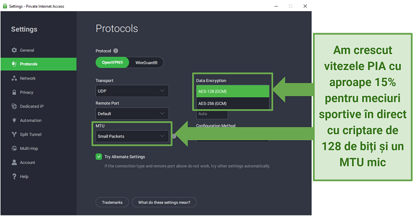 Screenshot of PIA's Protocols settings menu showing 128-bit encryption and small MTU selected