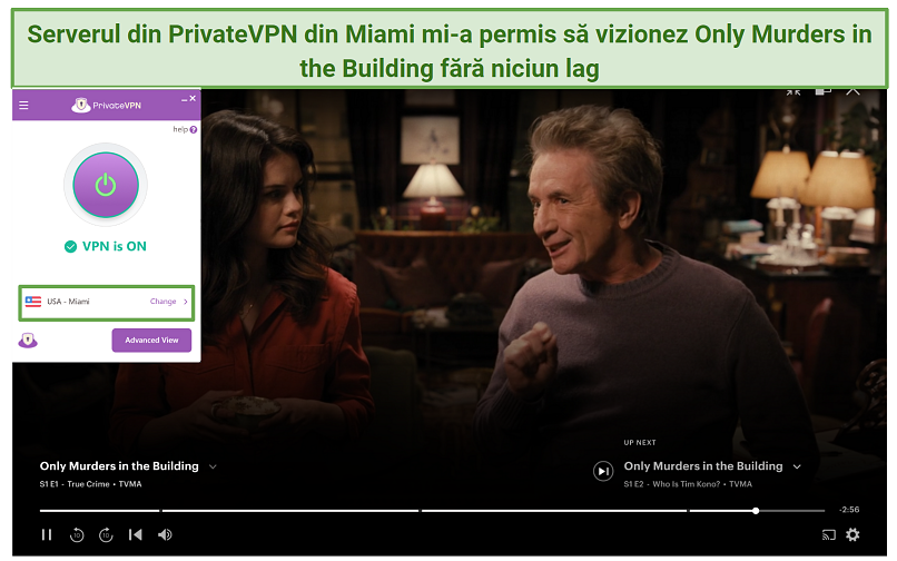 Screenshot of PrivateVPN's US servers unblocking Hulu