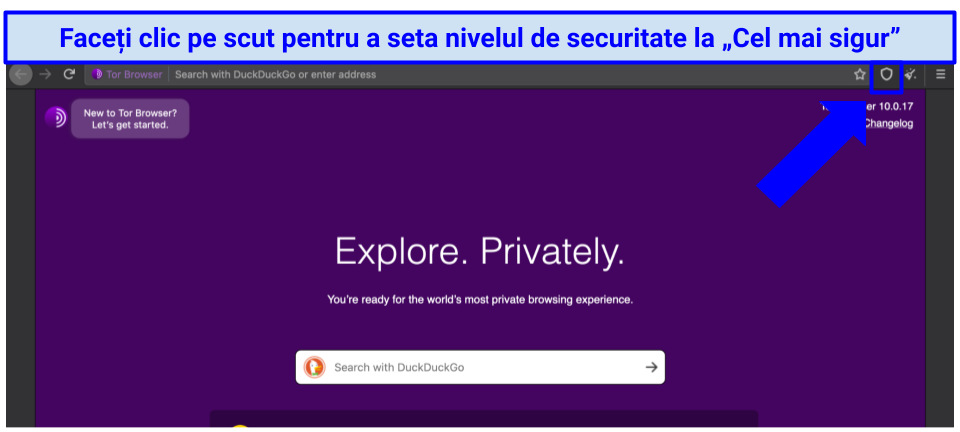 The Tor browser homepage with indication of where to locate the shield icon for adjusting security level preferences