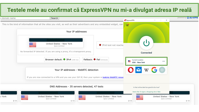 Screenshot of ExpressVPN passing leak tests connected to New York server