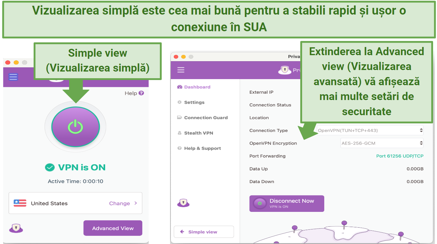 Screenshot showing PrivateVPN's Simple and Advanced views