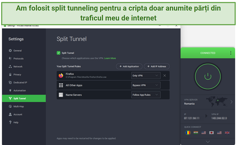 Screenshot showing PIA's split tunneling ability