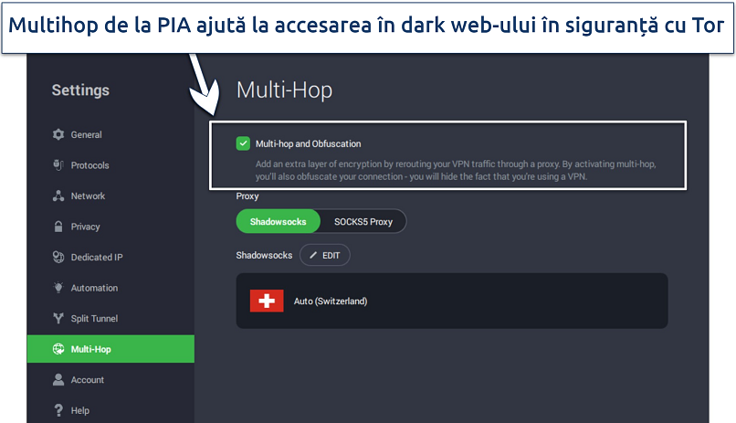 Screenshot of PIA's settings, showing Multi-Hop and Obfuscation