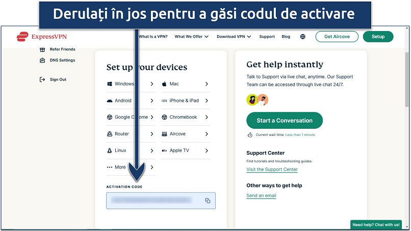 Screenshot showing where to find ExpressVPN's activation code