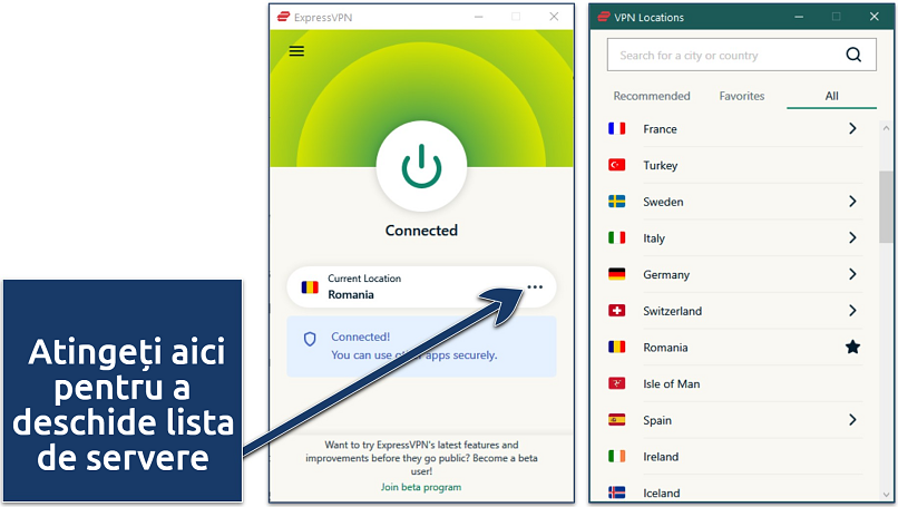 Screenshot showing ExpressVPN' Windows app connected to a Romanian server