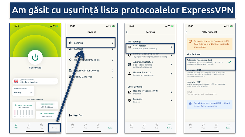 Screenshot of the VPN protocol list in ExpressVPN app