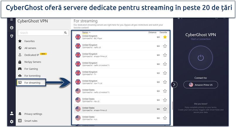 Screenshot of CyberGhost's streaming servers