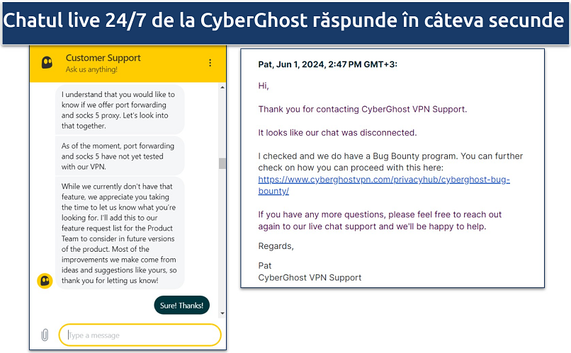 Screenshot of a chat with CyberGhost's customer support