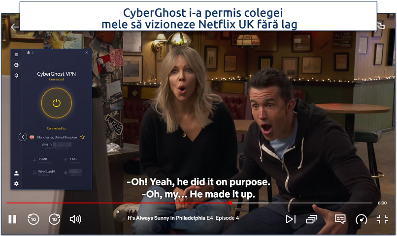 screenshot of Netflix streaming with CyberGhost connected