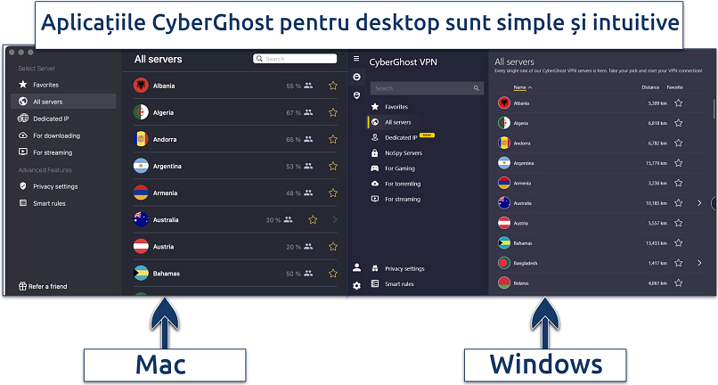 Screenshot of CyberGhost's desktop apps