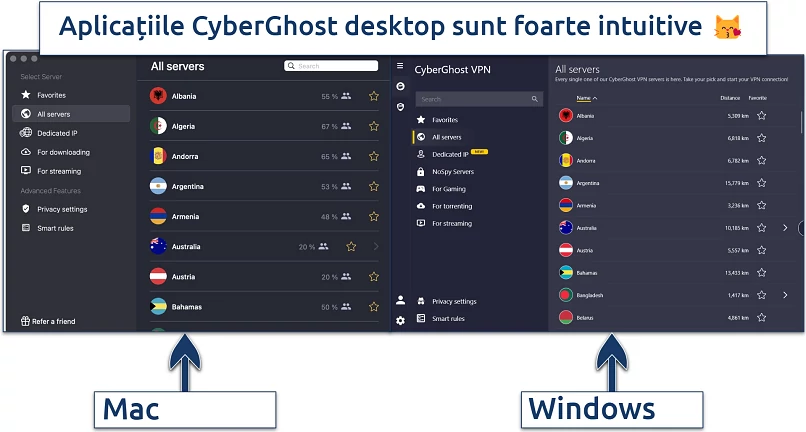 Screenshot of CyberGhost's desktop apps