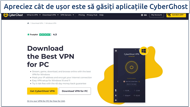 Screenshot of CyberGhost's download page highlighting where to find the Windows app 