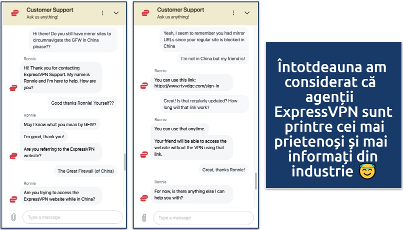 Screenshot showing a chat with the ExpressVPN customer service