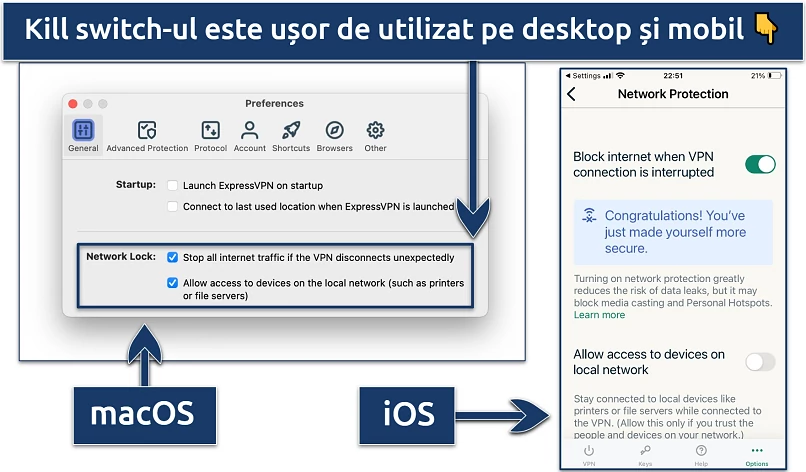 Screenshot showing how to activate the kill switch on ExpressVPN's desktop and mobile apps