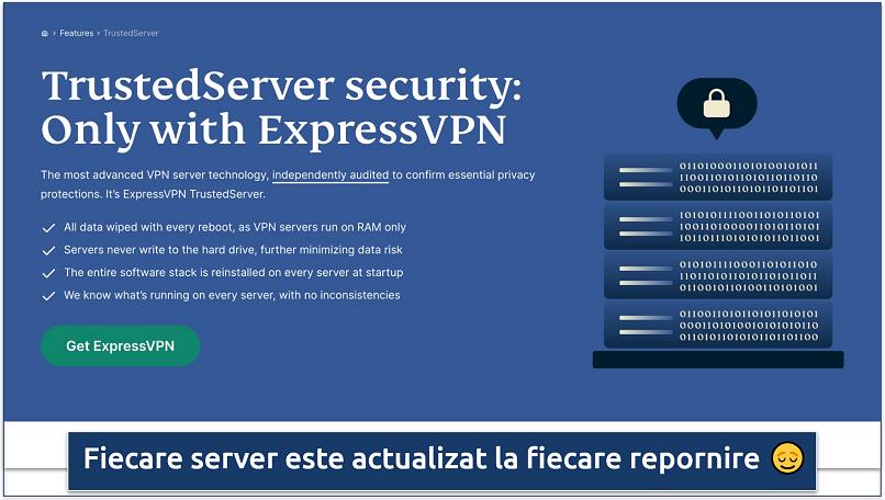 Screenshot displaying a page from ExpressVPN's website where it explains its TrustedServer technology