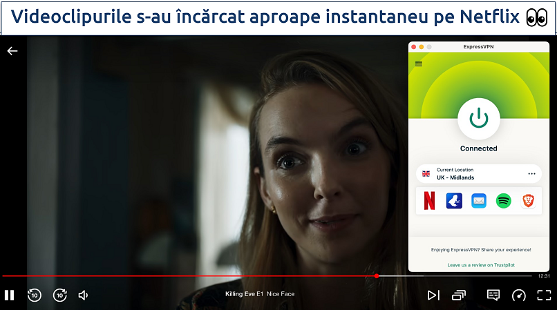 Screenshot showing the ExpressVPN app connected to a UK server over a browser streaming Netflix