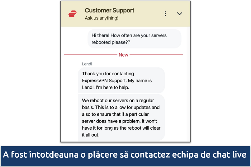 Screenshot showing a chat with the ExpressVPN Customer Support team