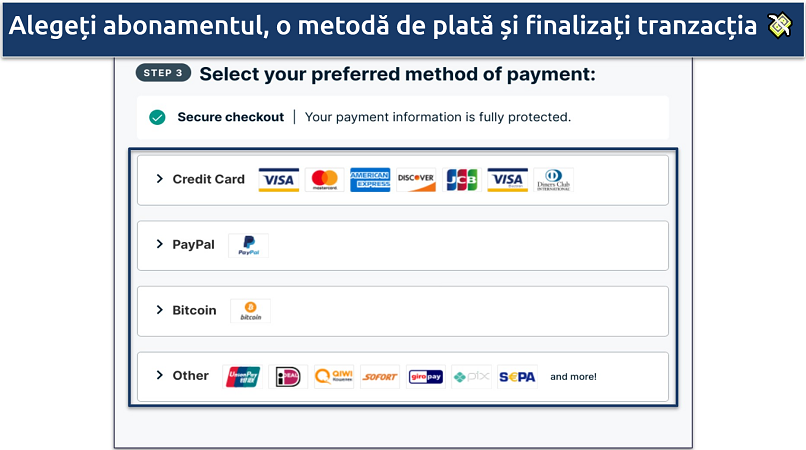 A screenshot of ExpressVPN's checkout page showing payment options