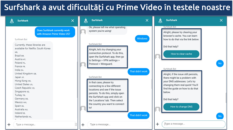 Screenshot of Surfshark's chat support giving troubleshooting tips on getting the VPN to work with Amazon Prime Video