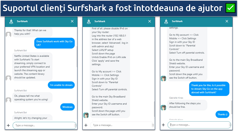 Screenshot showing conversation with Surfshark's customer support chatbot and agent