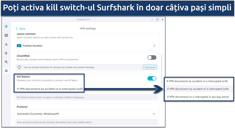 Screenshot of Surfshark's Windows app showing the kill switch soft or strict options