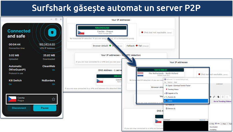 Screenshot of Surfshark automatically connecting to P2P server when opened BitTorrent app