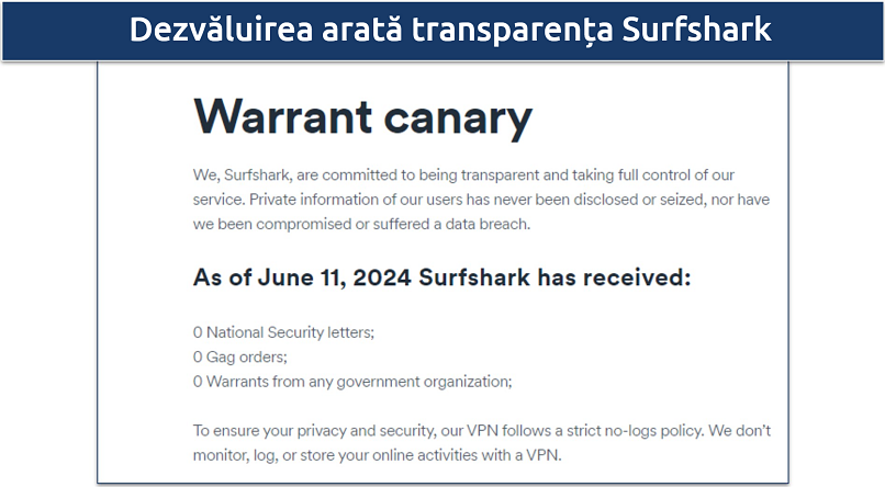 Screenshot of Surfshark's Warrant Canary showing no requests for user data