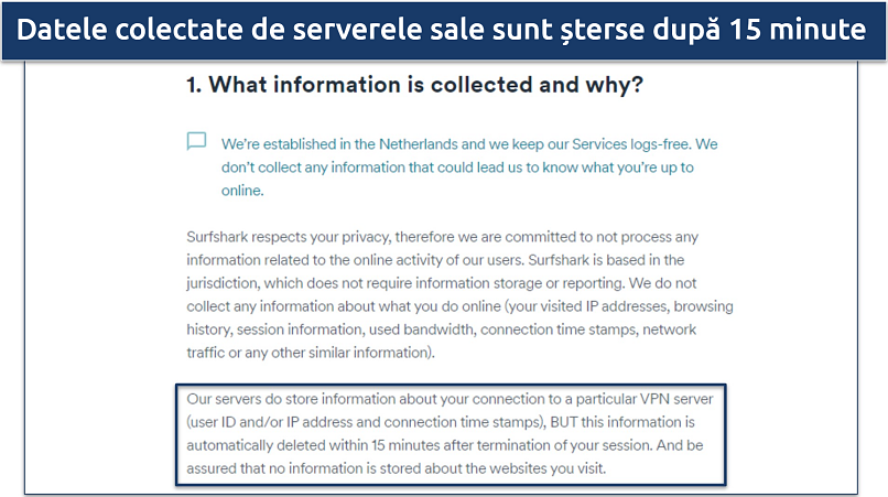 Screenshot of Surfshark's privacy policy highlighting their data collection