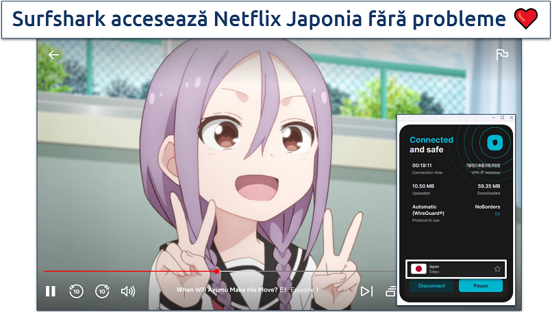 Captură de ecran a serverului Surfshark Tokyo care transmite Netflix Japonia