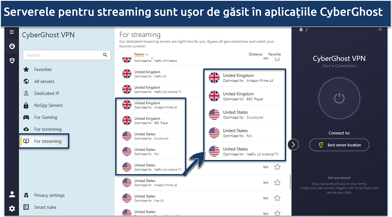 Screenshot of CyberGhost's Windows app showing dedicated streaming servers