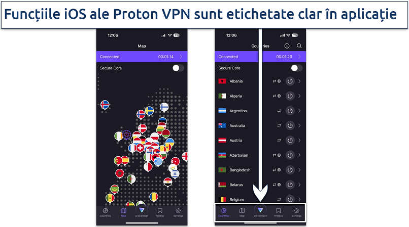 Screenshot of Proton VPN's iOS app showing server map and server list