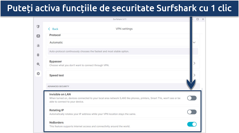 Screenshot of Surfshark's Windows app highlighting advanced security features