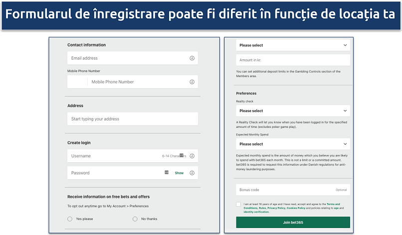 Screenshot of the bet365 registration form