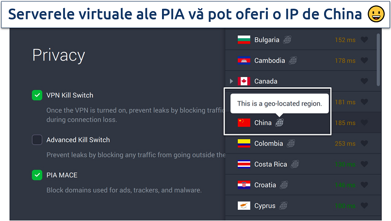 Screenshot of PIA's privacy settings and virtual servers in the app