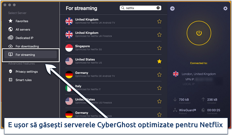 Captura de ecran cu lista serverelor CyberGhost optimizate pentru streaming pe Netflix