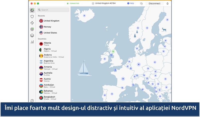 Captură de ecran cu harta interactivă și lista de servere din aplicația NordVPN