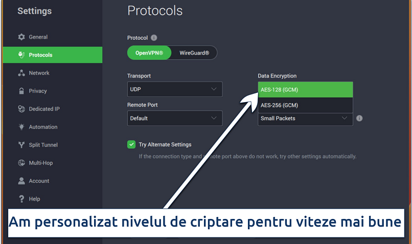 Captură de ecran a setărilor Protocol din aplicația PIA