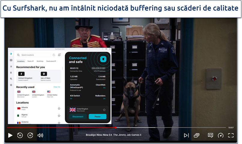 Captură de ecran a serialului Brooklyn Nine-Nine pe Netflix cu VPN-ul Surfshark conectat