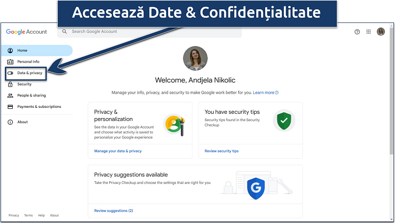 Screenshot of how to access your data & privacy settings within your Google Account 