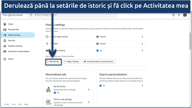 Captură de ecran despre cum să găsești setările de istoric în cadrul Contului tău Google