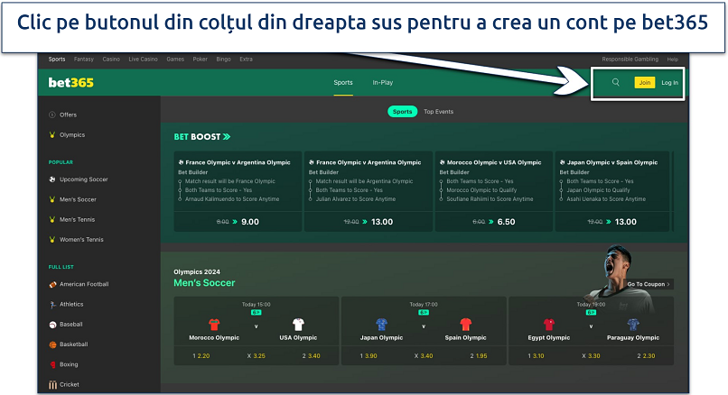 Screenshot of the bet365 platform home page