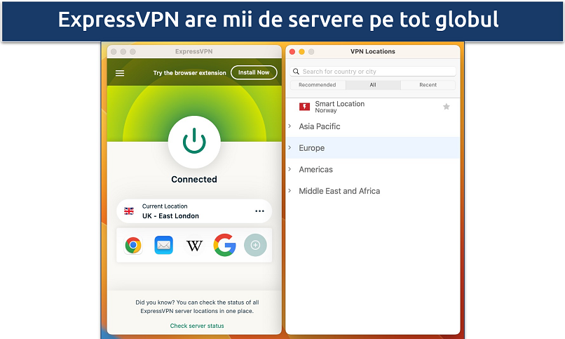 Screenshot of the server locations in the ExpressVPN app